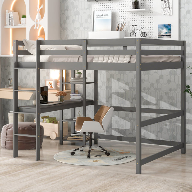 Full Loft Bed with Desk and Shelves,Gray - Home Elegance USA