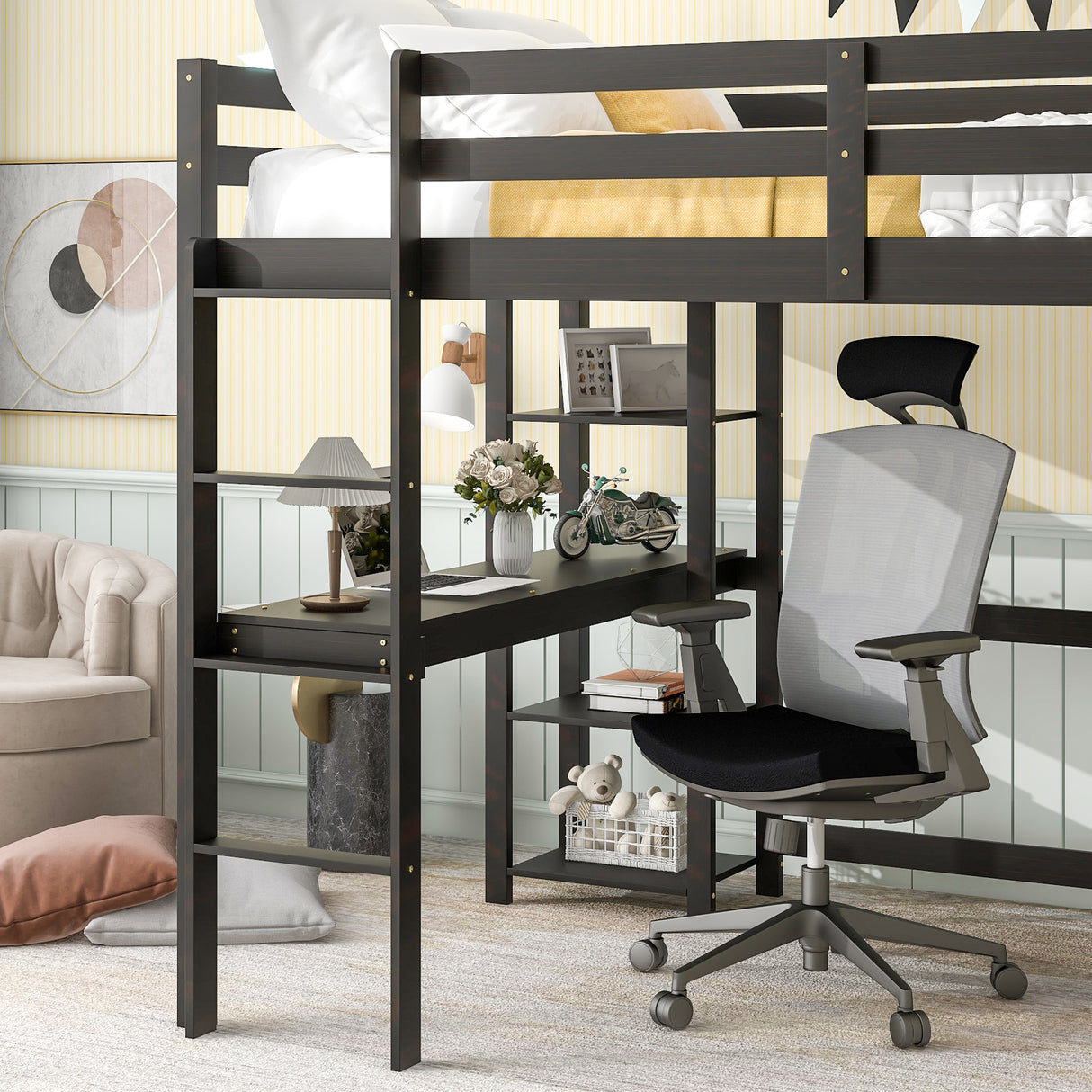 Full Loft Bed with Desk and Shelves,Espresso - Home Elegance USA