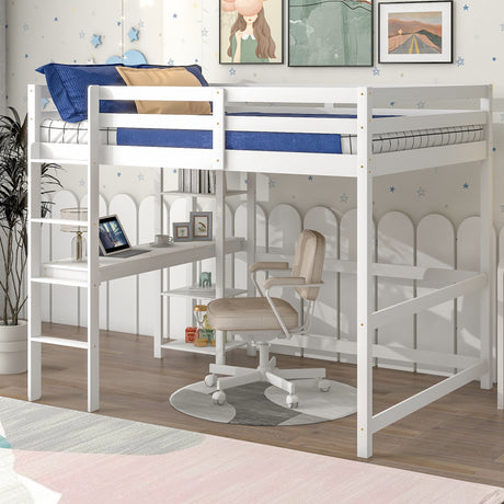 Full Loft Bed with Desk and Shelves,White - Home Elegance USA