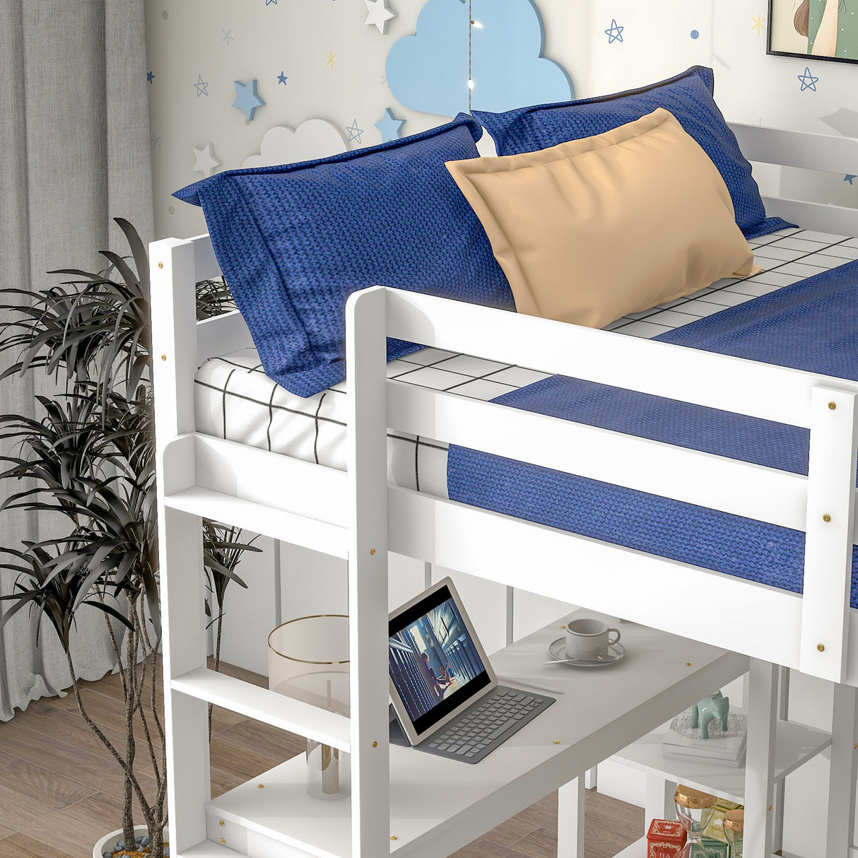 Full Loft Bed with Desk and Shelves,White - Home Elegance USA