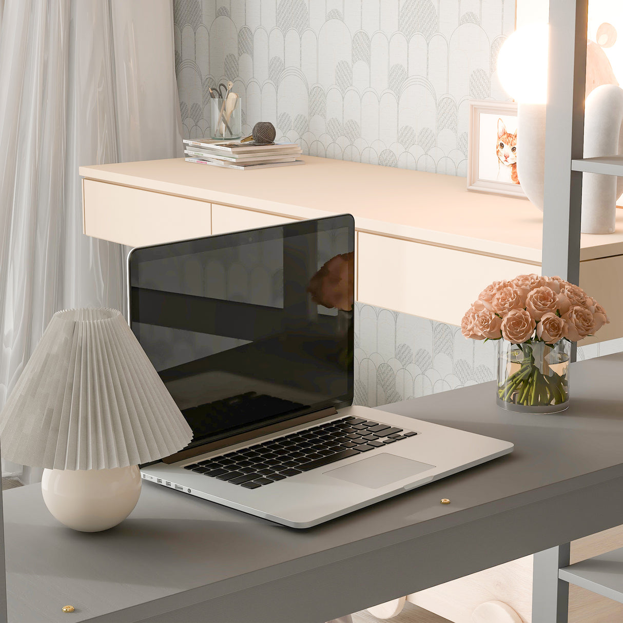 Full Loft Bed with Desk and Shelves,Gray - Home Elegance USA