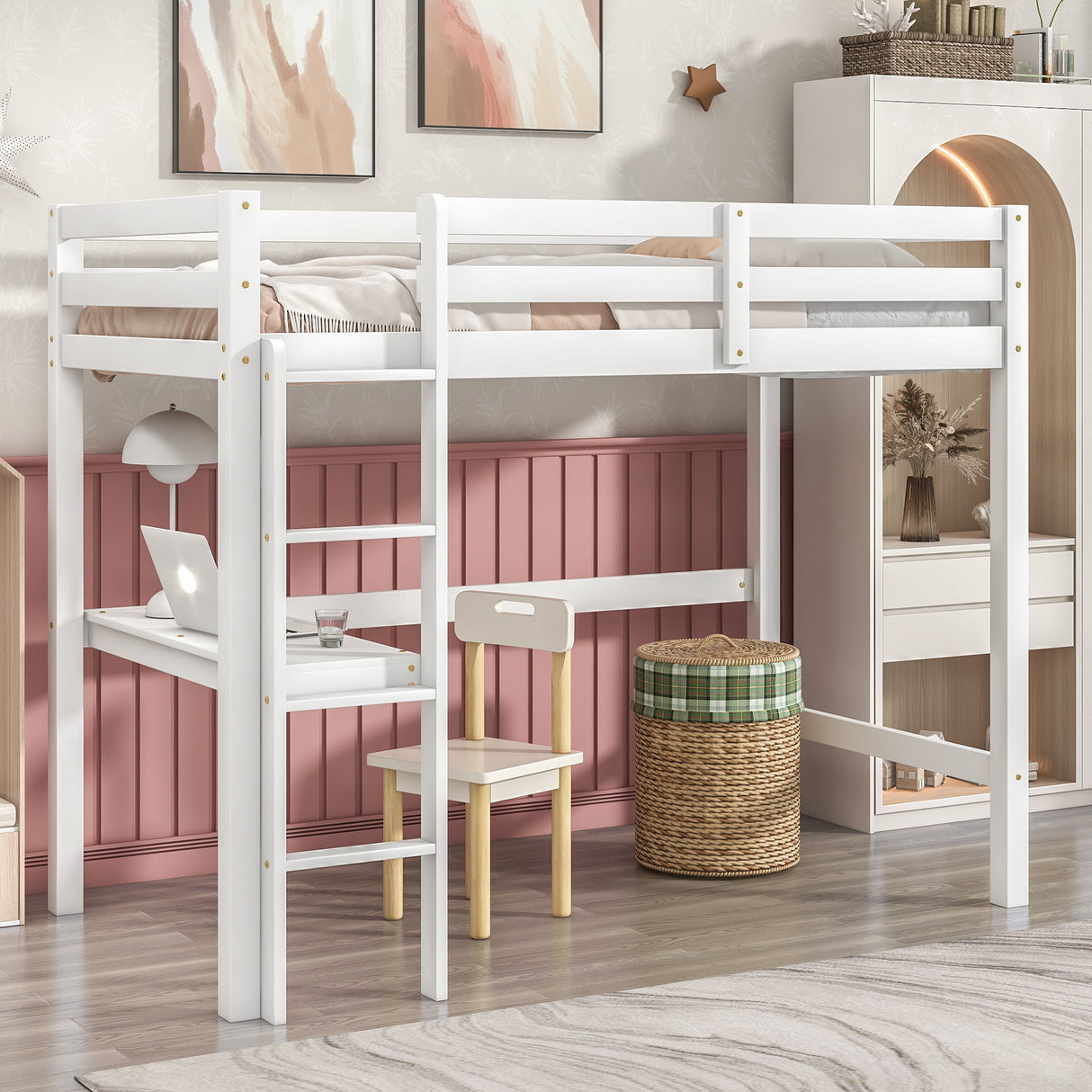 Twin Loft Bed with  built-in desk,White - Home Elegance USA