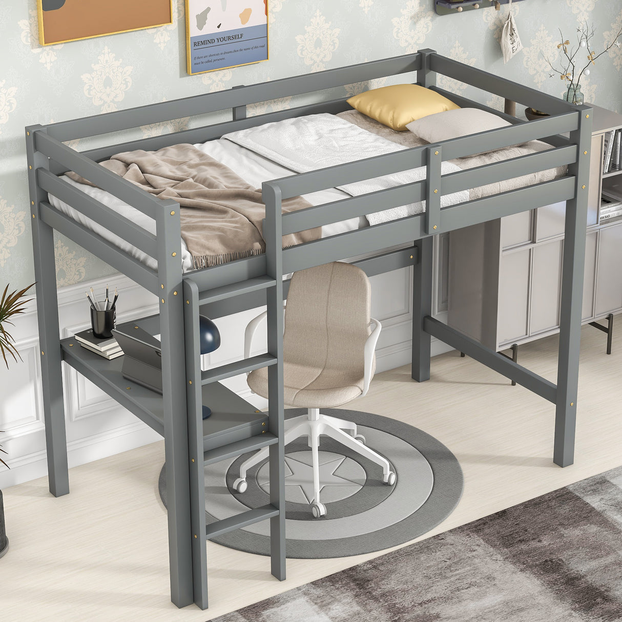 Twin Loft Bed with  built-in desk,Grey - Home Elegance USA