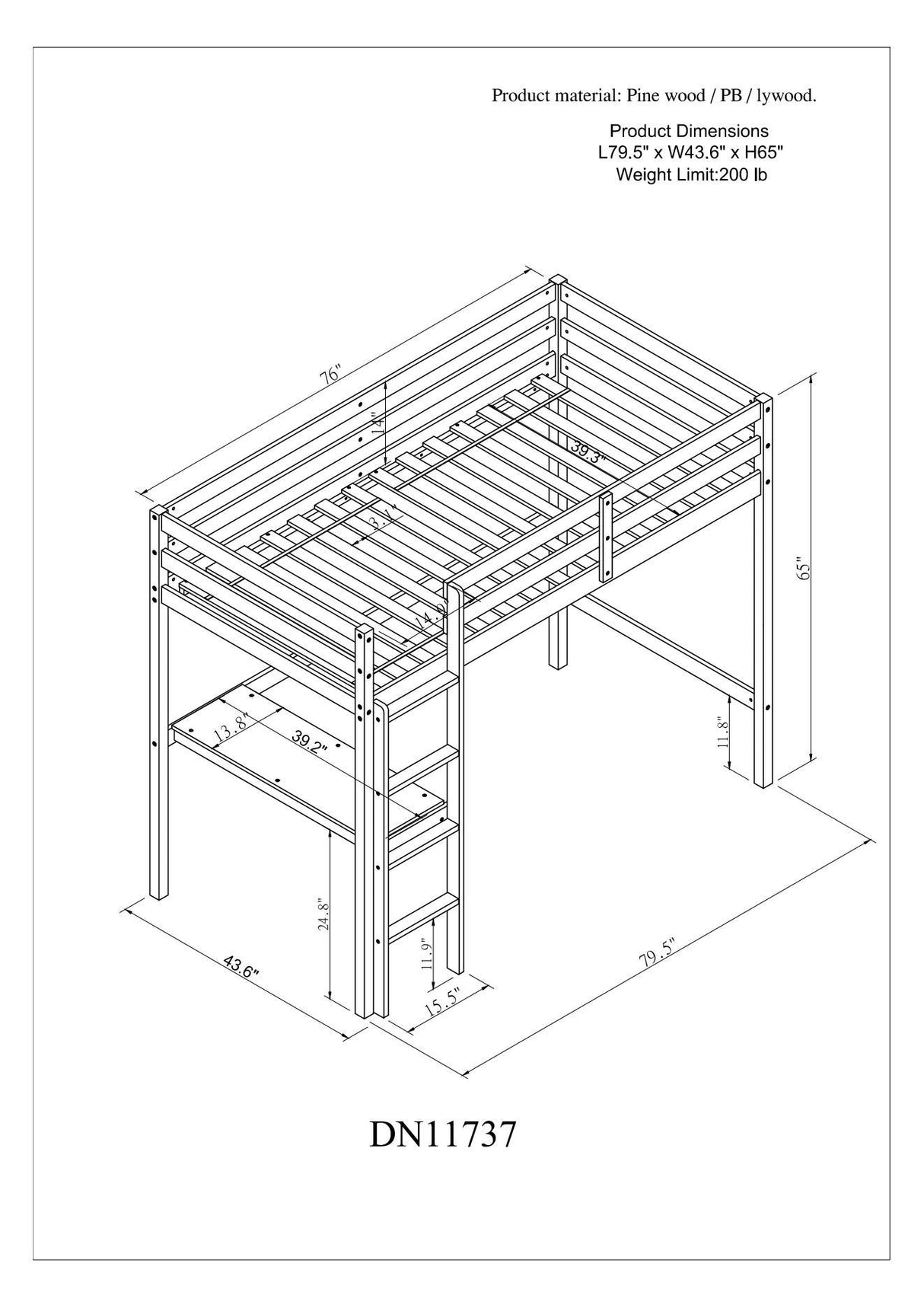 Twin Loft Bed with  built-in desk,White - Home Elegance USA