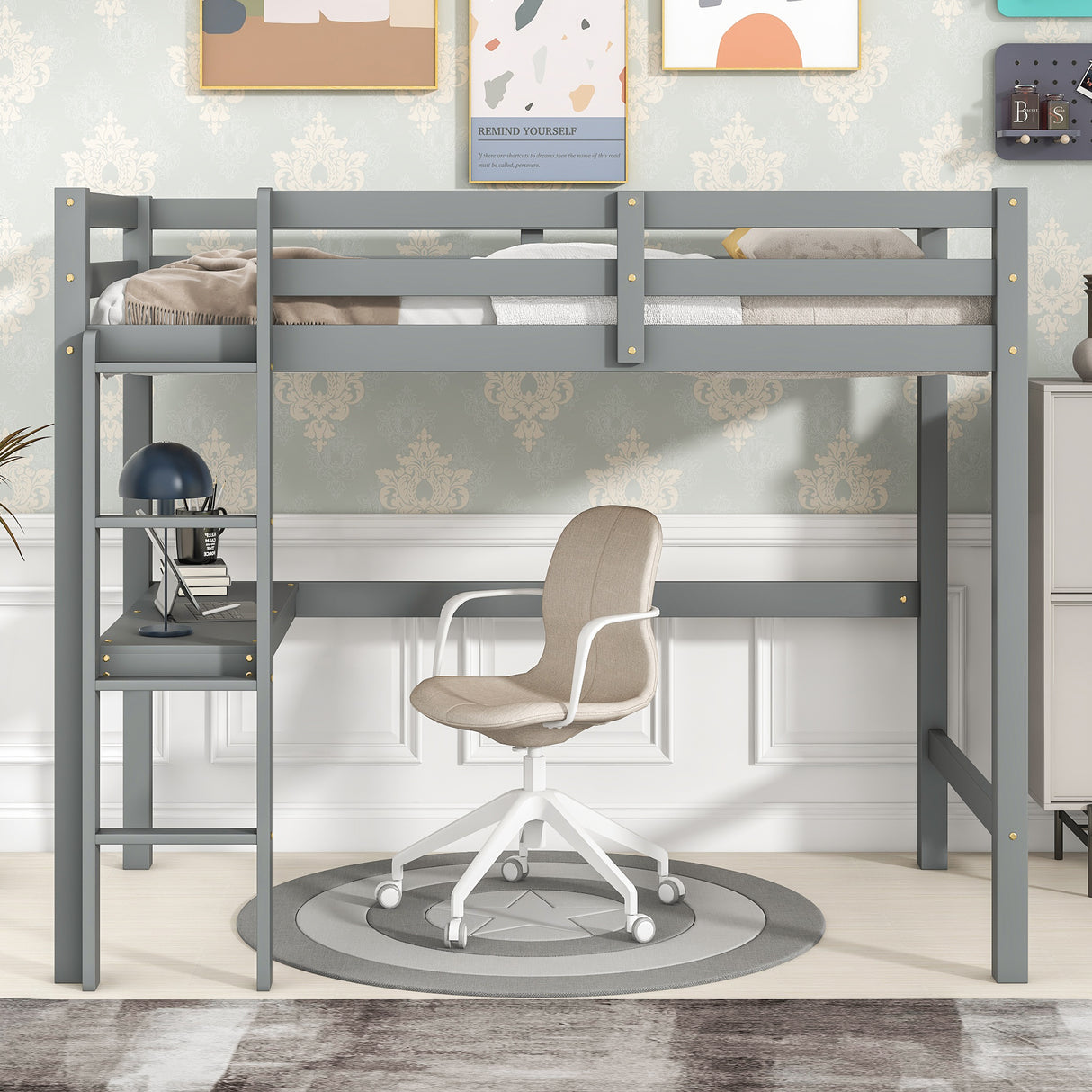 Twin Loft Bed with  built-in desk,Grey - Home Elegance USA