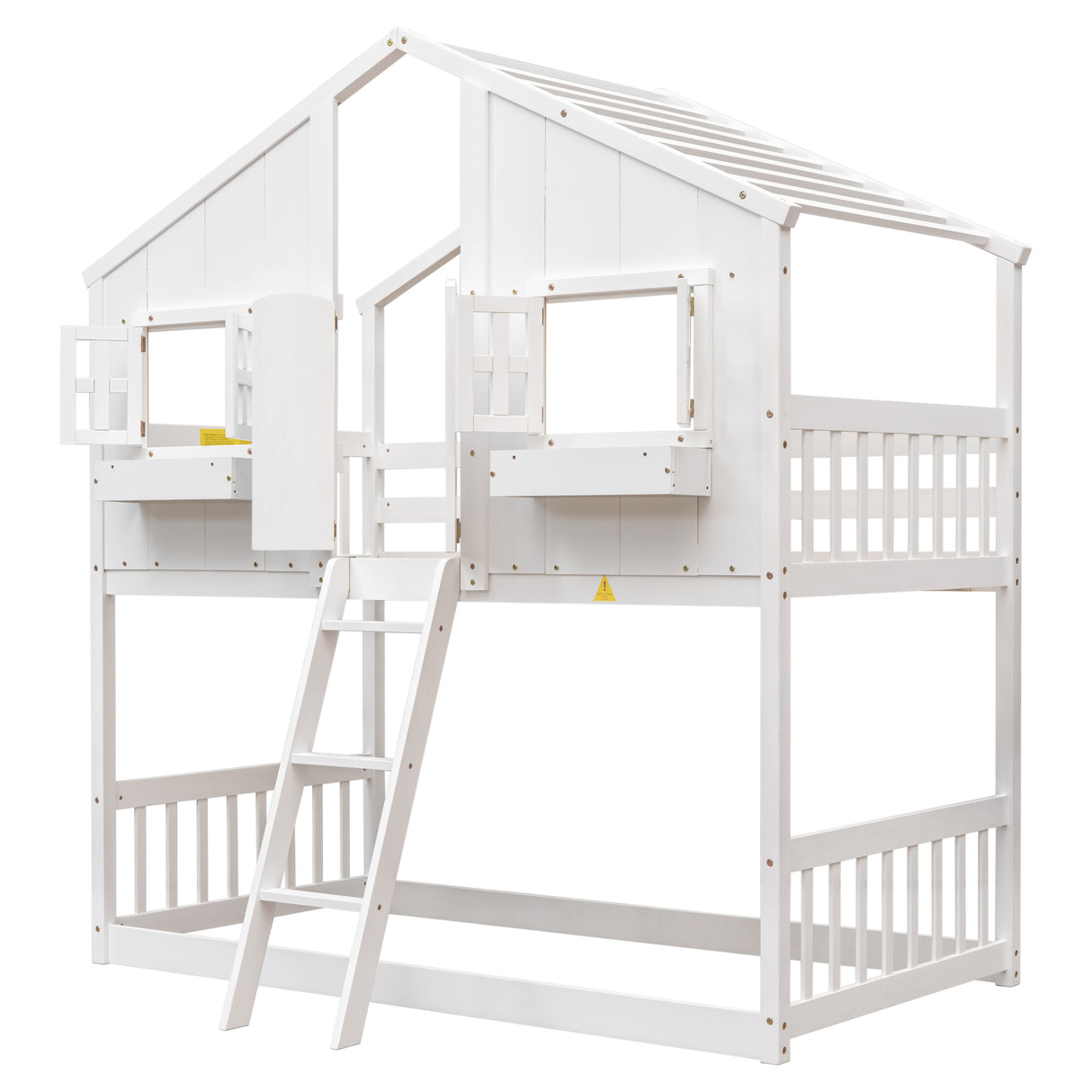 Twin over Twin House Bunk Bed with Roof , Window, Window  Box, Door , with Safety Guardrails and Ladder,White - Home Elegance USA