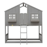 Twin over Twin House Bunk Bed with Roof , Window, Window  Box, Door , with Safety Guardrails and Ladder, Grey - Home Elegance USA