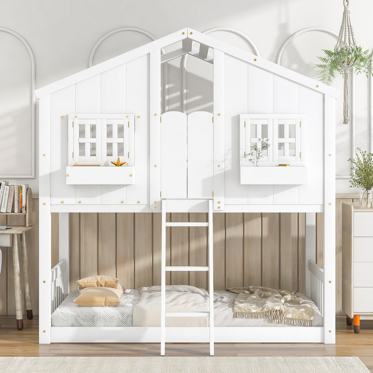 Twin over Twin House Bunk Bed with Roof , Window, Window  Box, Door , with Safety Guardrails and Ladder,White - Home Elegance USA