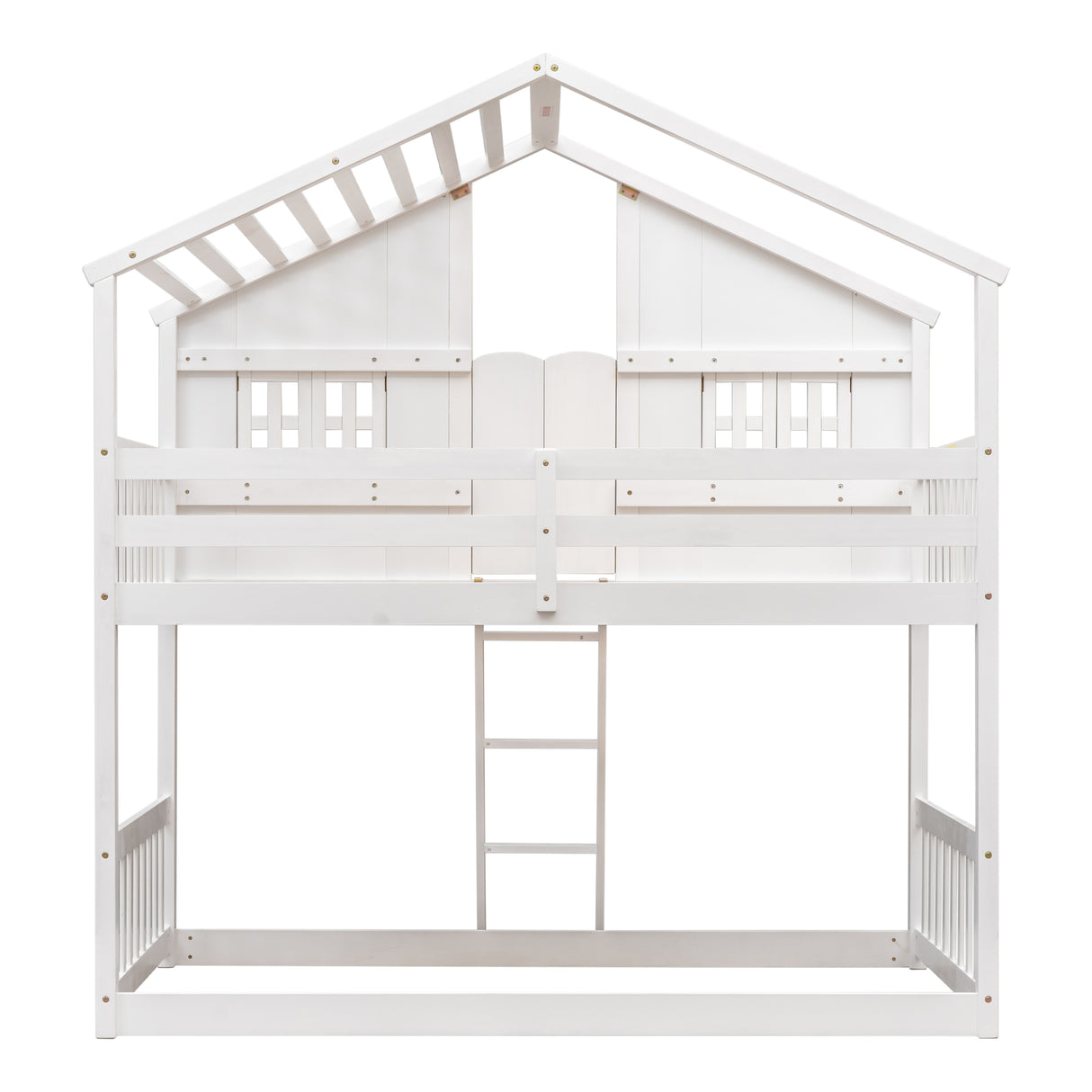 Twin over Twin House Bunk Bed with Roof , Window, Window  Box, Door , with Safety Guardrails and Ladder,White - Home Elegance USA