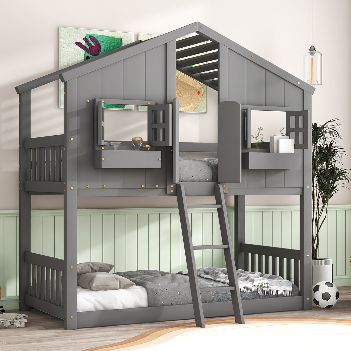 Twin over Twin House Bunk Bed with Roof , Window, Window  Box, Door , with Safety Guardrails and Ladder, Grey - Home Elegance USA