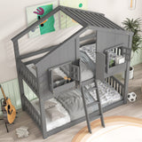 Twin over Twin House Bunk Bed with Roof , Window, Window  Box, Door , with Safety Guardrails and Ladder, Grey - Home Elegance USA