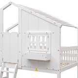 Twin over Twin House Bunk Bed with Roof , Window, Window  Box, Door , with Safety Guardrails and Ladder,White - Home Elegance USA