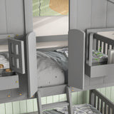 Twin over Twin House Bunk Bed with Roof , Window, Window  Box, Door , with Safety Guardrails and Ladder, Grey - Home Elegance USA