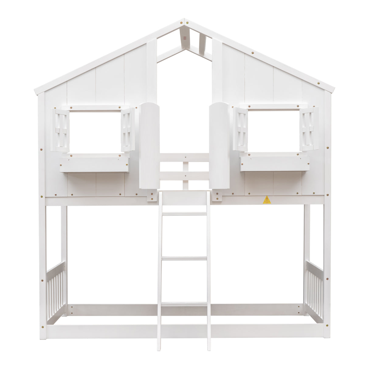 Twin over Twin House Bunk Bed with Roof , Window, Window  Box, Door , with Safety Guardrails and Ladder,White - Home Elegance USA