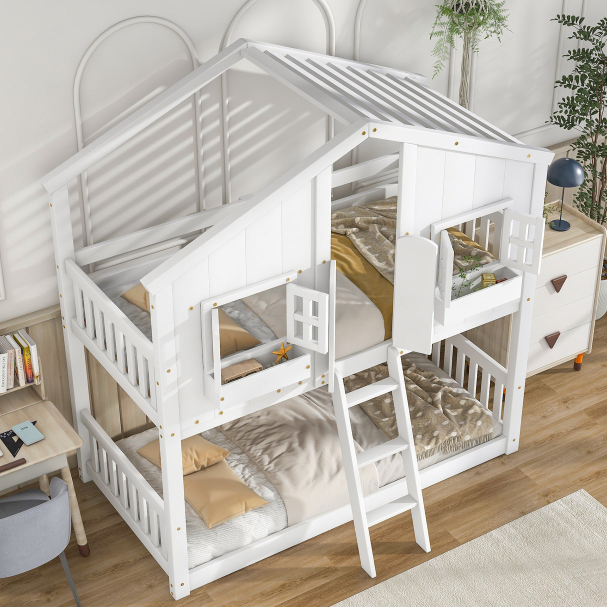 Twin over Twin House Bunk Bed with Roof , Window, Window  Box, Door , with Safety Guardrails and Ladder,White - Home Elegance USA