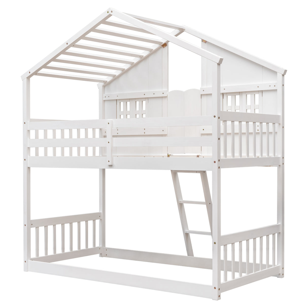 Twin over Twin House Bunk Bed with Roof , Window, Window  Box, Door , with Safety Guardrails and Ladder,White - Home Elegance USA