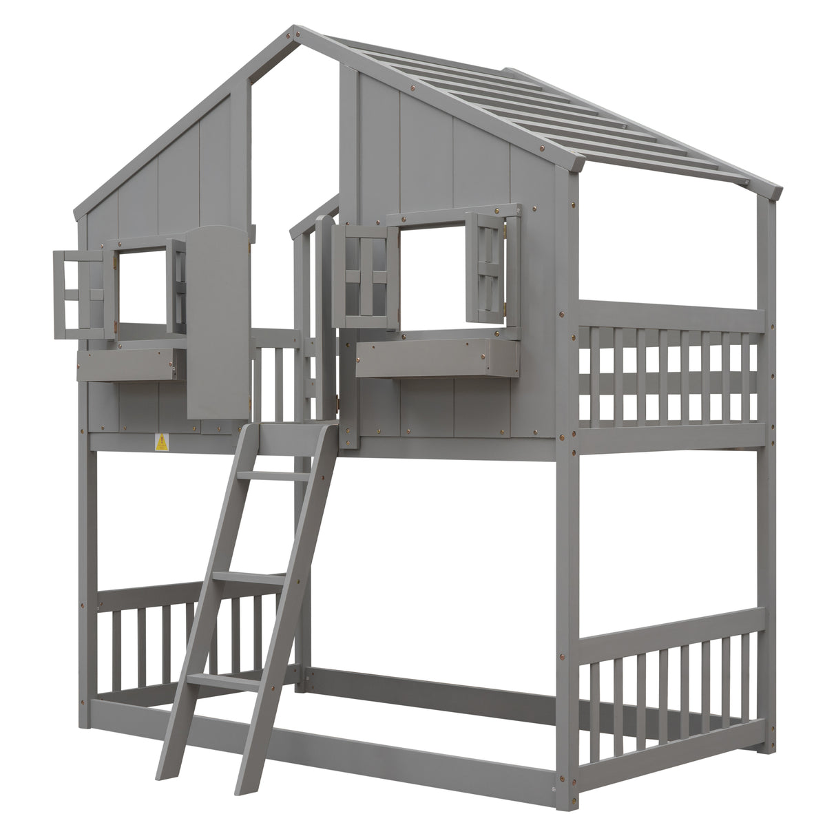 Twin over Twin House Bunk Bed with Roof , Window, Window  Box, Door , with Safety Guardrails and Ladder, Grey - Home Elegance USA