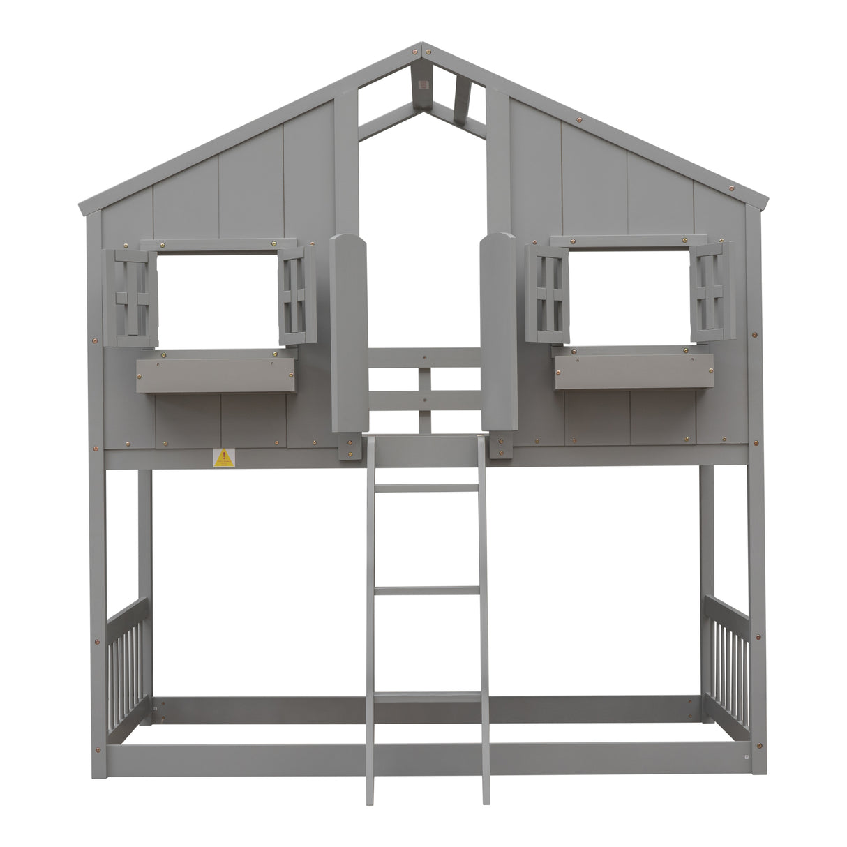 Twin over Twin House Bunk Bed with Roof , Window, Window  Box, Door , with Safety Guardrails and Ladder, Grey - Home Elegance USA