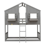 Twin over Twin House Bunk Bed with Roof , Window, Window  Box, Door , with Safety Guardrails and Ladder, Grey - Home Elegance USA