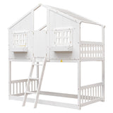 Twin over Twin House Bunk Bed with Roof , Window, Window  Box, Door , with Safety Guardrails and Ladder,White - Home Elegance USA