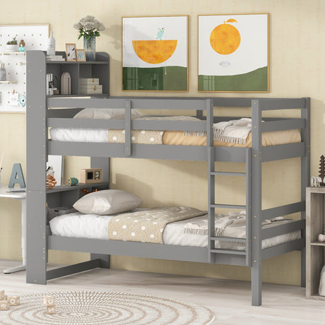 Twin Over Twin Bunk Beds with Bookcase Headboard, Solid Wood Bed Frame with Safety Rail and Ladder, Kids/Teens Bedroom, Guest Room Furniture, Can Be converted into 2 Beds, Grey - Home Elegance USA