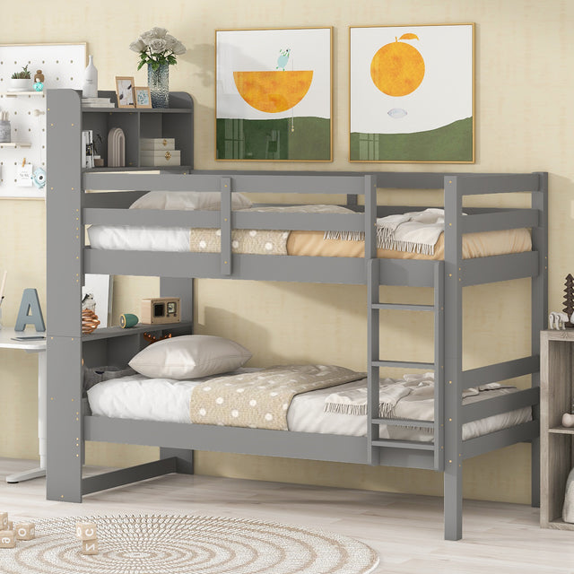 Twin Over Twin Bunk Beds with Bookcase Headboard, Solid Wood Bed Frame with Safety Rail and Ladder, Kids/Teens Bedroom, Guest Room Furniture, Can Be converted into 2 Beds, Grey - Home Elegance USA