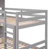 Twin Over Twin Bunk Beds with Bookcase Headboard, Solid Wood Bed Frame with Safety Rail and Ladder, Kids/Teens Bedroom, Guest Room Furniture, Can Be converted into 2 Beds, Grey - Home Elegance USA