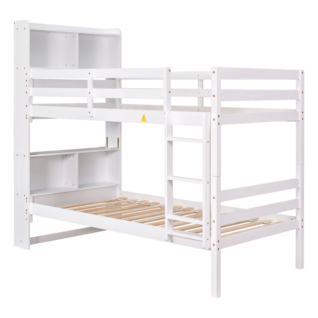 Twin Over Twin Bunk Beds with Bookcase Headboard, Solid Wood Bed Frame with Safety Rail and Ladder, Kids/Teens Bedroom, Guest Room Furniture, Can Be converted into 2 Beds, White - Home Elegance USA