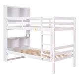 Twin Over Twin Bunk Beds with Bookcase Headboard, Solid Wood Bed Frame with Safety Rail and Ladder, Kids/Teens Bedroom, Guest Room Furniture, Can Be converted into 2 Beds, White - Home Elegance USA