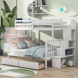 Twin Over Full Bunk Bed with 2 Drawers and Staircases, Convertible into 2 Beds, the Bunk Bed with Staircase and Safety Rails for Kids, Teens, Adults, White Home Elegance USA