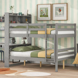 Full Over Full Bunk Beds with Bookcase Headboard, Solid Wood Bed Frame with Safety Rail and Ladder, Kids/Teens Bedroom, Guest Room Furniture, Can Be converted into 2 Beds, Grey - Home Elegance USA