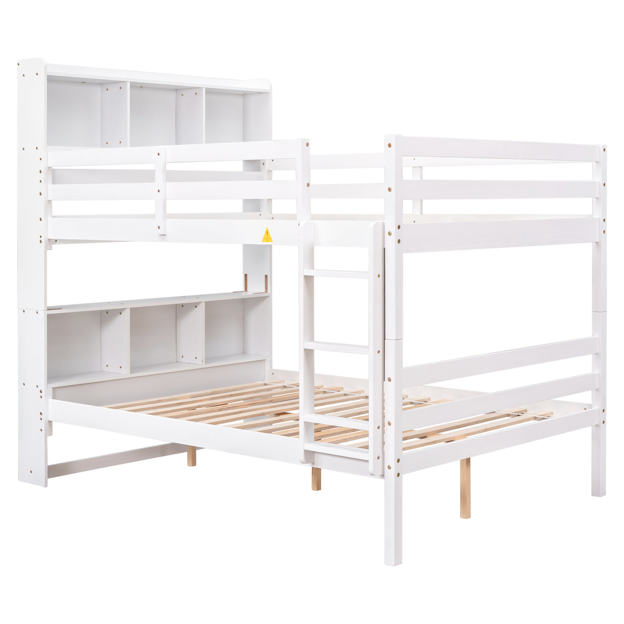 Full Over Full Bunk Beds with Bookcase Headboard, Solid Wood Bed Frame with Safety Rail and Ladder, Kids/Teens Bedroom, Guest Room Furniture, Can Be converted into 2 Beds, White - Home Elegance USA