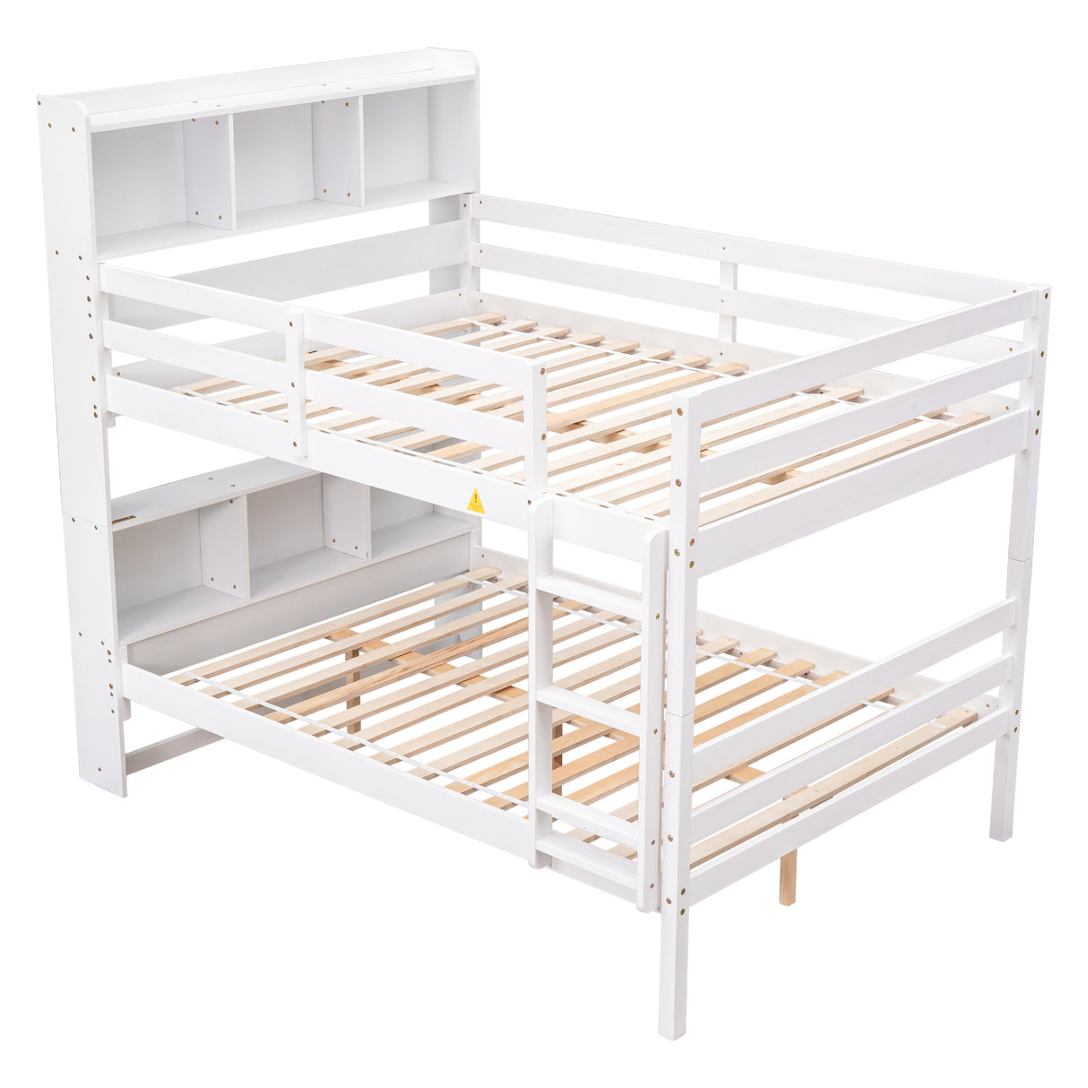 Full Over Full Bunk Beds with Bookcase Headboard, Solid Wood Bed Frame with Safety Rail and Ladder, Kids/Teens Bedroom, Guest Room Furniture, Can Be converted into 2 Beds, White - Home Elegance USA