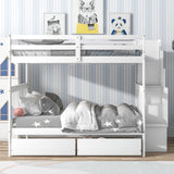 Full Over Full Bunk Bed with 2 Drawers and Staircases, Convertible into 2 Beds, the Bunk Bed with Staircase and Safety Rails for Kids, Teens, Adults, White - Home Elegance USA