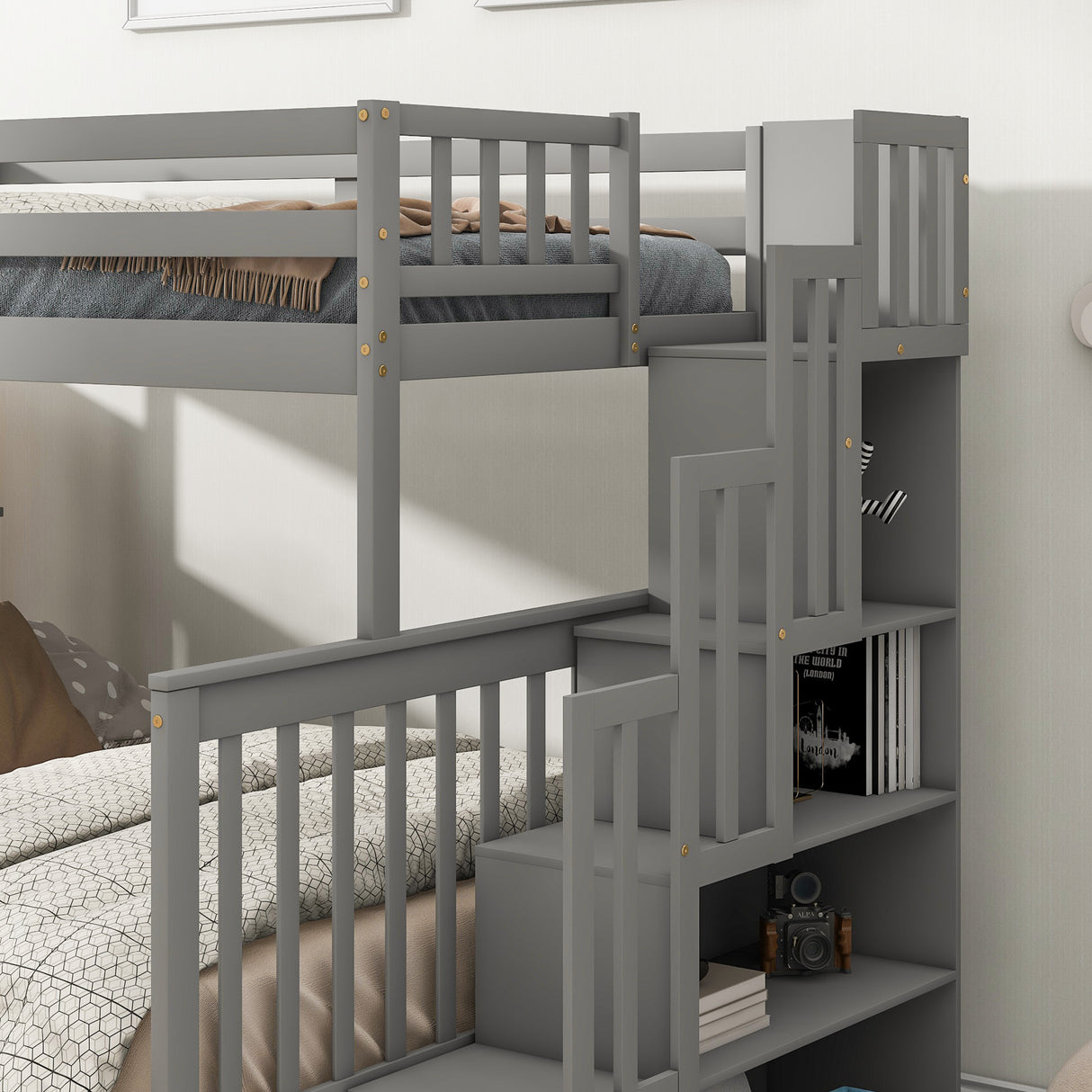 Twin Over Full Bunk Bed with 2 Drawers and Staircases, Convertible into 2 Beds, the Bunk Bed with Staircase and Safety Rails for Kids, Teens, Adults, Grey - Home Elegance USA