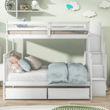 Twin Over Full Bunk Bed with 2 Drawers and Staircases, Convertible into 2 Beds, the Bunk Bed with Staircase and Safety Rails for Kids, Teens, Adults, White Home Elegance USA