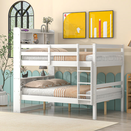 Full Over Full Bunk Beds with Bookcase Headboard, Solid Wood Bed Frame with Safety Rail and Ladder, Kids/Teens Bedroom, Guest Room Furniture, Can Be converted into 2 Beds, White - Home Elegance USA