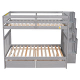 Full Over Full Bunk Bed with 2 Drawers and Staircases, Convertible into 2 Beds, the Bunk Bed with Staircase and Safety Rails for Kids, Teens, Adults, Grey - Home Elegance USA