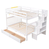 Full Over Full Bunk Bed with 2 Drawers and Staircases, Convertible into 2 Beds, the Bunk Bed with Staircase and Safety Rails for Kids, Teens, Adults, White - Home Elegance USA