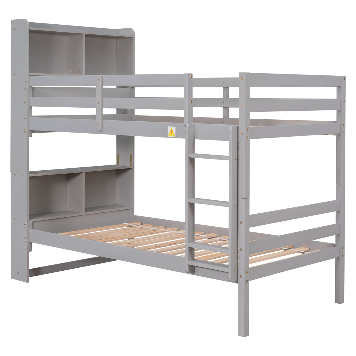 Twin Over Twin Bunk Beds with Bookcase Headboard, Solid Wood Bed Frame with Safety Rail and Ladder, Kids/Teens Bedroom, Guest Room Furniture, Can Be converted into 2 Beds, Grey - Home Elegance USA