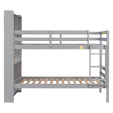 Twin Over Twin Bunk Beds with Bookcase Headboard, Solid Wood Bed Frame with Safety Rail and Ladder, Kids/Teens Bedroom, Guest Room Furniture, Can Be converted into 2 Beds, Grey - Home Elegance USA