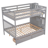 Full Over Full Bunk Bed with 2 Drawers and Staircases, Convertible into 2 Beds, the Bunk Bed with Staircase and Safety Rails for Kids, Teens, Adults, Grey - Home Elegance USA