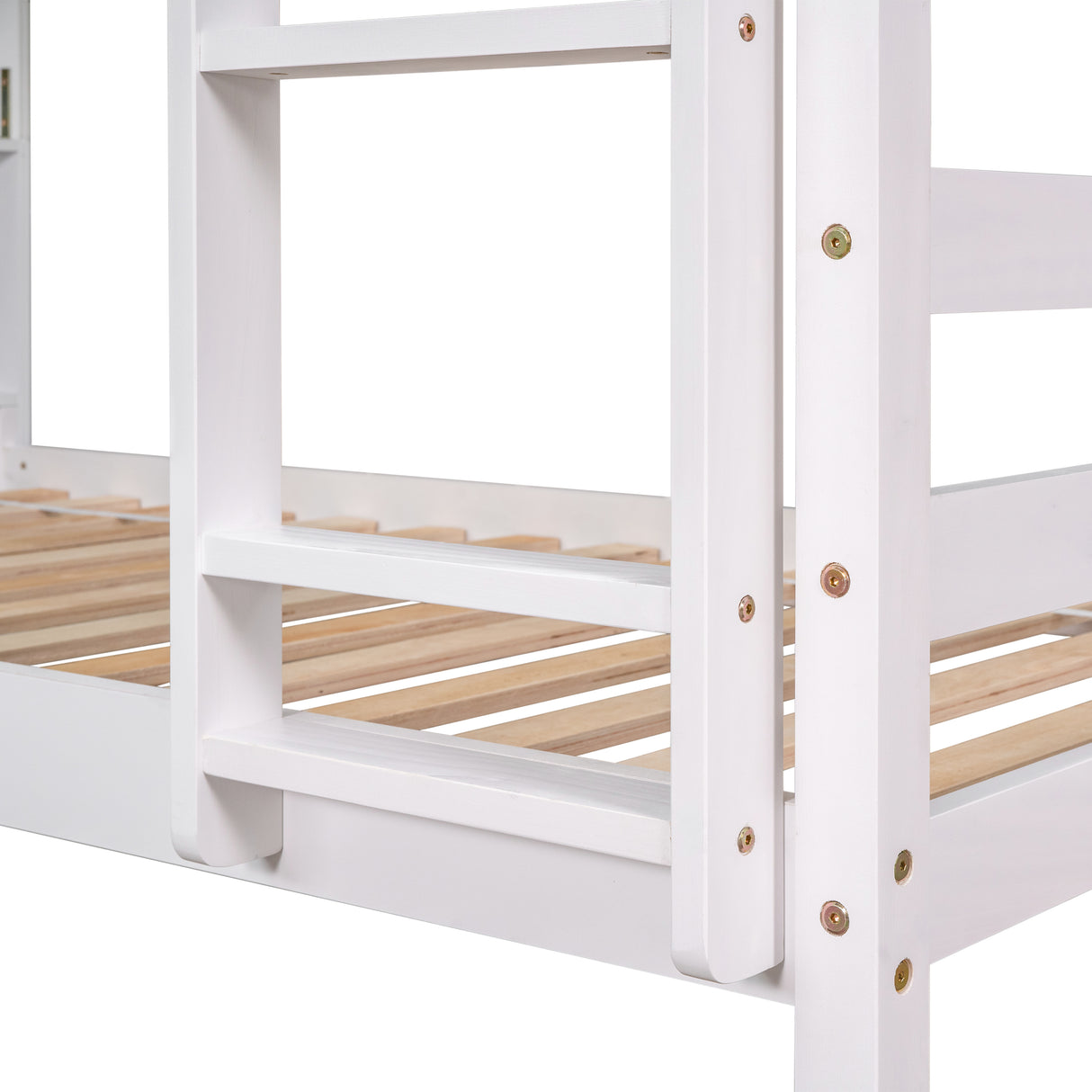 Twin Over Twin Bunk Beds with Bookcase Headboard, Solid Wood Bed Frame with Safety Rail and Ladder, Kids/Teens Bedroom, Guest Room Furniture, Can Be converted into 2 Beds, White - Home Elegance USA