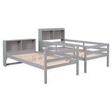 Twin Over Twin Bunk Beds with Bookcase Headboard, Solid Wood Bed Frame with Safety Rail and Ladder, Kids/Teens Bedroom, Guest Room Furniture, Can Be converted into 2 Beds, Grey - Home Elegance USA