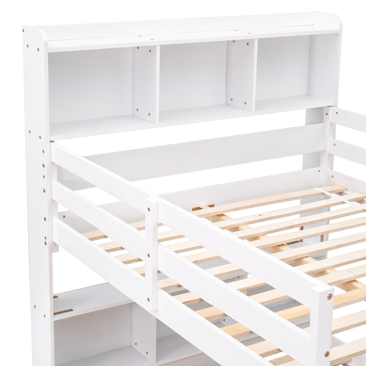 Full Over Full Bunk Beds with Bookcase Headboard, Solid Wood Bed Frame with Safety Rail and Ladder, Kids/Teens Bedroom, Guest Room Furniture, Can Be converted into 2 Beds, White - Home Elegance USA