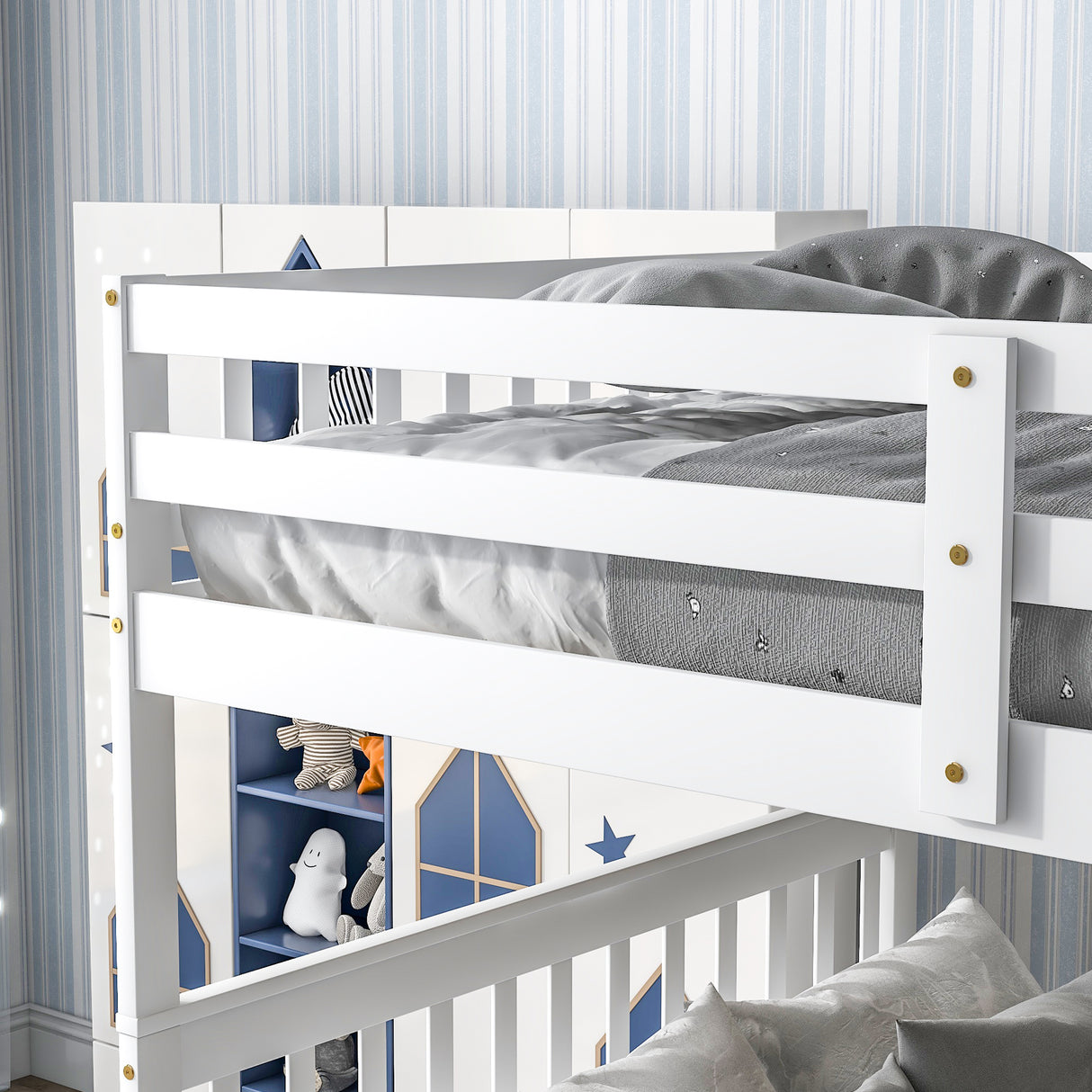 Full Over Full Bunk Bed with 2 Drawers and Staircases, Convertible into 2 Beds, the Bunk Bed with Staircase and Safety Rails for Kids, Teens, Adults, White - Home Elegance USA