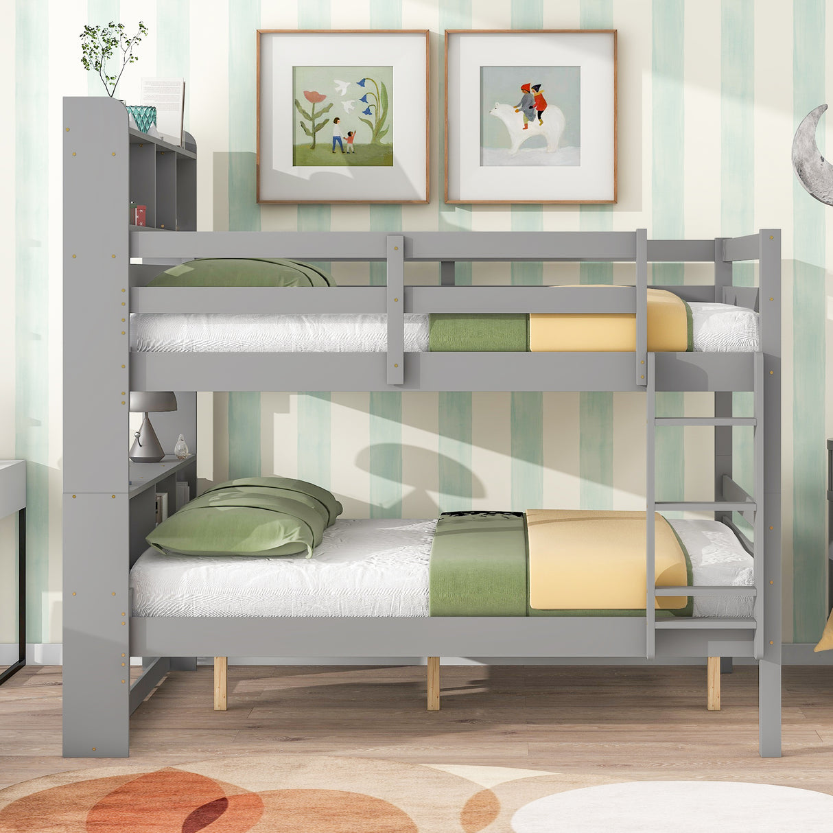 Full Over Full Bunk Beds with Bookcase Headboard, Solid Wood Bed Frame with Safety Rail and Ladder, Kids/Teens Bedroom, Guest Room Furniture, Can Be converted into 2 Beds, Grey - Home Elegance USA