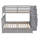 Twin Over Full Bunk Bed with 2 Drawers and Staircases, Convertible into 2 Beds, the Bunk Bed with Staircase and Safety Rails for Kids, Teens, Adults, Grey - Home Elegance USA