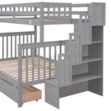 Twin Over Full Bunk Bed with 2 Drawers and Staircases, Convertible into 2 Beds, the Bunk Bed with Staircase and Safety Rails for Kids, Teens, Adults, Grey - Home Elegance USA