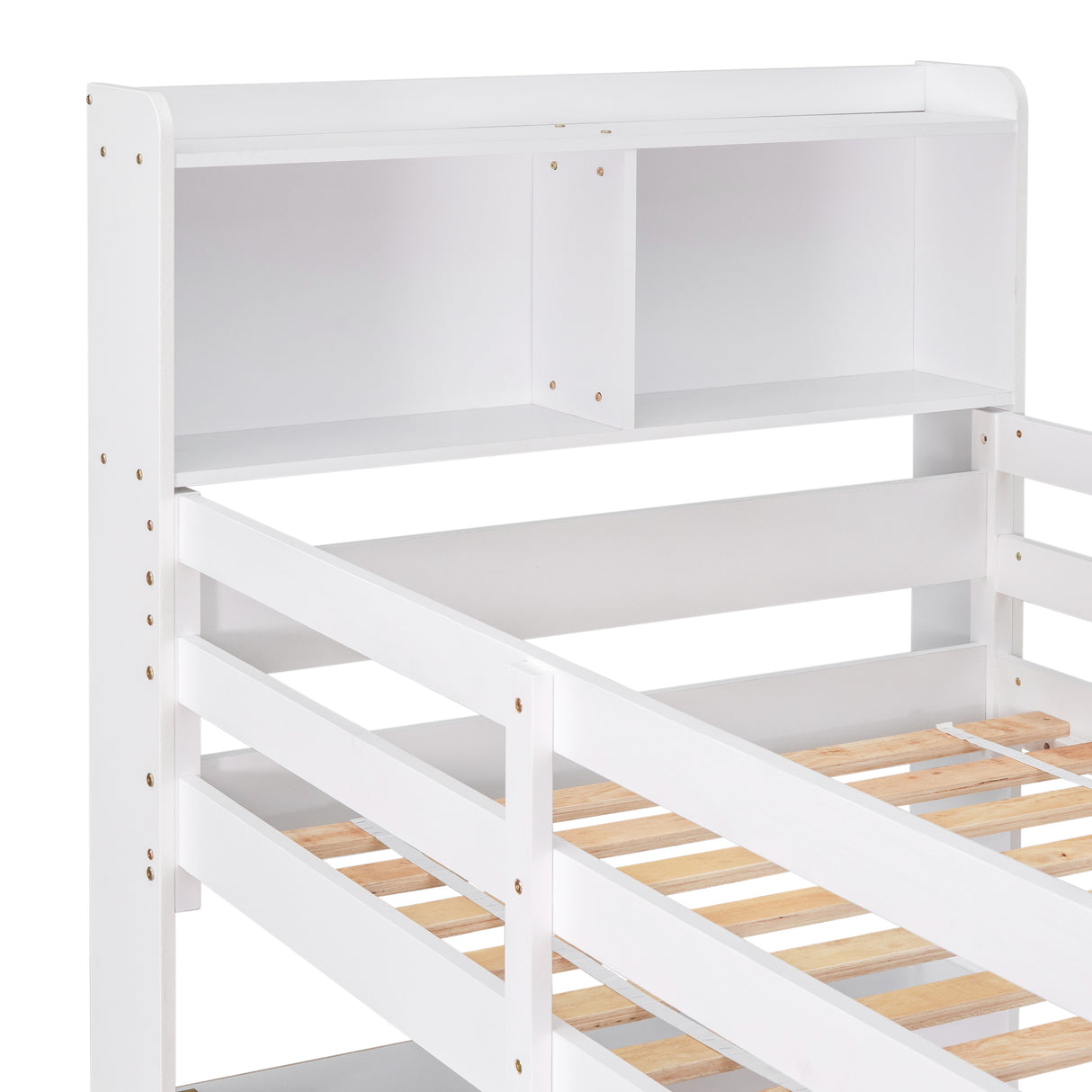 Twin Over Twin Bunk Beds with Bookcase Headboard, Solid Wood Bed Frame with Safety Rail and Ladder, Kids/Teens Bedroom, Guest Room Furniture, Can Be converted into 2 Beds, White - Home Elegance USA